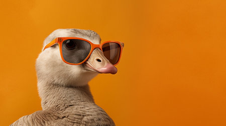 a fashionable goose confidently sporting a pair of trendy sunglasses. The goose stands out against a delightful pastel background, creating a whimsical and captivating scene.の素材