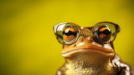 An adorable frog strikes a fashionable pose, sporting a trendy pair of sunglasses. Set against a delightful pastel background, this image captures the essence of a laid-back and stylish amphibian.の素材