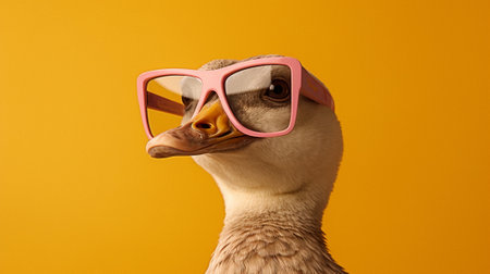 a fashionable goose confidently sporting a pair of trendy sunglasses. The goose stands out against a delightful pastel background, creating a whimsical and captivating scene.の素材