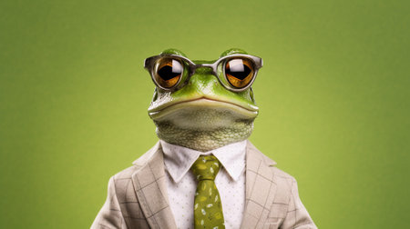 An adorable frog strikes a fashionable pose, sporting a trendy pair of sunglasses. Set against a delightful pastel background, this image captures the essence of a laid-back and stylish amphibian.の素材