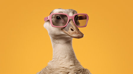 a fashionable goose confidently sporting a pair of trendy sunglasses. The goose stands out against a delightful pastel background, creating a whimsical and captivating scene.の素材
