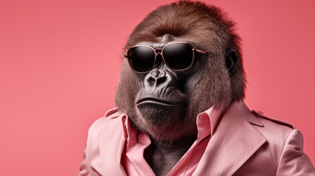 a magnificent gorilla exuding style and attitude as it confidently a pair of trendy sunglasses. Against a captivating pastel background, the gorilla captivates viewers with its unique fashion senseの素材
