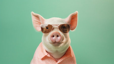 an adorable pig wearing trendy sunglasses against a mesmerizing pastel background. The pig exudes confidence and style, while the pastel hues create a whimsical atmosphere.の素材