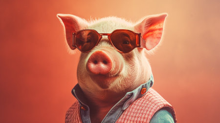 an adorable pig wearing trendy sunglasses against a mesmerizing pastel background. The pig exudes confidence and style, while the pastel hues create a whimsical atmosphere.の素材