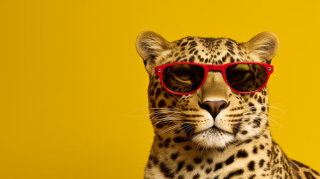 a stylish leopard confidently sporting a pair of sunglasses. Set against a soft pastel background, the leopard exudes a unique combination of elegance and playfulness.の素材