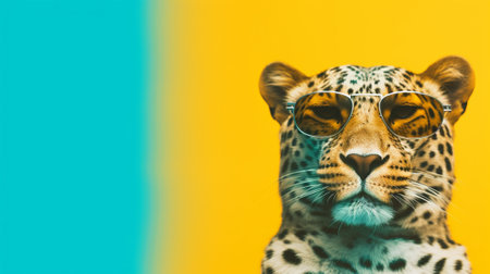 a stylish leopard confidently sporting a pair of sunglasses. Set against a soft pastel background, the leopard exudes a unique combination of elegance and playfulness.の素材