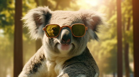an adorable koala sporting stylish sunglasses against a pastel background. The koala exudes a trendy and confident vibe, embodying a unique fashion sense in the animal kingdom.の素材