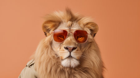 a majestic lion takes on a trendy and playful vibe by donning a stylish pair of sunglasses. Set against a pastel background, the lion exudes confidence and charm, the essence of a king of the jungle.の素材