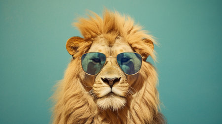 a majestic lion takes on a trendy and playful vibe by donning a stylish pair of sunglasses. Set against a pastel background, the lion exudes confidence and charm, the essence of a king of the jungle.の素材