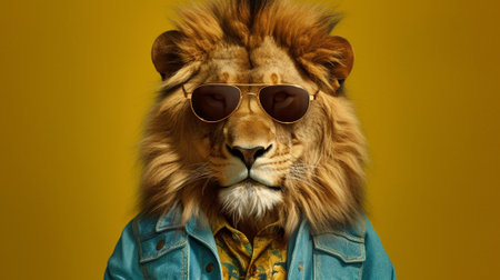 a majestic lion takes on a trendy and playful vibe by donning a stylish pair of sunglasses. Set against a pastel background, the lion exudes confidence and charm, the essence of a king of the jungle.の素材