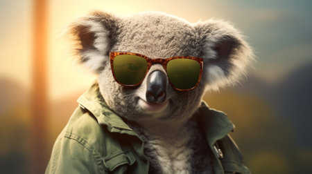 an adorable koala sporting stylish sunglasses against a pastel background. The koala exudes a trendy and confident vibe, embodying a unique fashion sense in the animal kingdom.の素材
