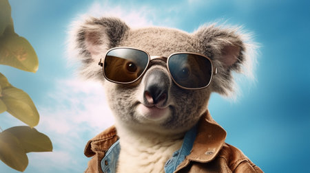 an adorable koala sporting stylish sunglasses against a pastel background. The koala exudes a trendy and confident vibe, embodying a unique fashion sense in the animal kingdom.の素材
