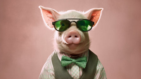 an adorable pig wearing trendy sunglasses against a mesmerizing pastel background. The pig exudes confidence and style, while the pastel hues create a whimsical atmosphere.の素材