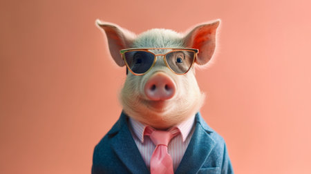 an adorable pig wearing trendy sunglasses against a mesmerizing pastel background. The pig exudes confidence and style, while the pastel hues create a whimsical atmosphere.の素材