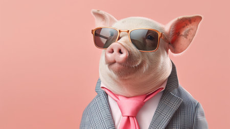 an adorable pig wearing trendy sunglasses against a mesmerizing pastel background. The pig exudes confidence and style, while the pastel hues create a whimsical atmosphere.の素材