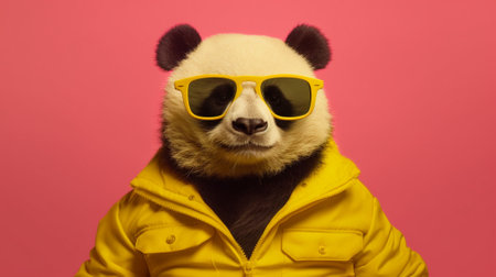 an adorable panda donning a pair of stylish sunglasses against a delightful pastel background. exudes an air of relaxation and confidence, making it the epitome of coolness in the animal kingdom.の素材