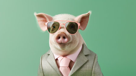 an adorable pig wearing trendy sunglasses against a mesmerizing pastel background. The pig exudes confidence and style, while the pastel hues create a whimsical atmosphere.の素材