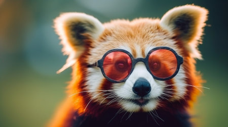 a delightful moment as a charming red panda adorns a pair of trendy sunglasses against a soothing pastel background. The red panda's playful expression and stylish choice of eyewearの素材