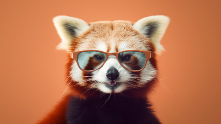 a delightful moment as a charming red panda adorns a pair of trendy sunglasses against a soothing pastel background. The red panda's playful expression and stylish choice of eyewearの素材