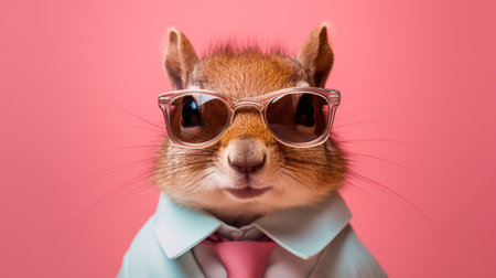 a squirrel is seen sporting a trendy pair of sunglasses against a charming pastel background. The squirrel exudes a fashionable and carefree vibe as it confidently rocks its eyewear.の素材