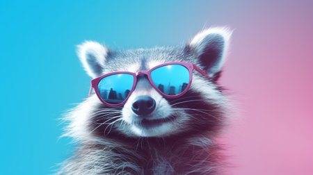 a charming raccoon wearing fashionable sunglasses against a vibrant pastel background. The raccoon exudes a playful and trendy vibe as it rocks its stylish eyewear the essence of fun and fashionの素材