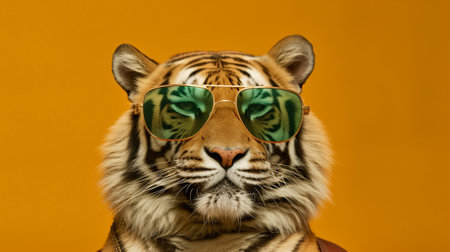 the essence of a majestic tiger exuding style and confidence. The tiger is seen wearing a pair of fashionable sunglasses, adding an element of coolness to its already powerful presence.の素材