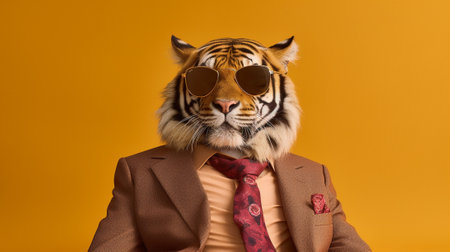 the essence of a majestic tiger exuding style and confidence. The tiger is seen wearing a pair of fashionable sunglasses, adding an element of coolness to its already powerful presence.の素材