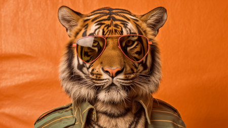 the essence of a majestic tiger exuding style and confidence. The tiger is seen wearing a pair of fashionable sunglasses, adding an element of coolness to its already powerful presence.の素材