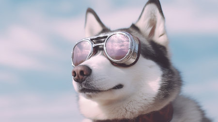 a Siberian Husky exuding a sense of style and charisma as it confidently wears a pair of trendy sunglasses. Against a pastel background, the husky's striking featuresの素材