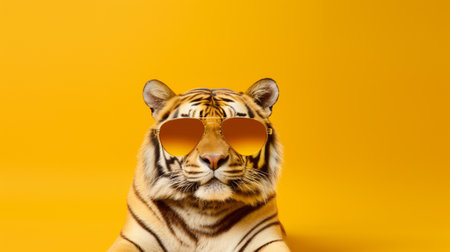 the essence of a majestic tiger exuding style and confidence. The tiger is seen wearing a pair of fashionable sunglasses, adding an element of coolness to its already powerful presence.の素材