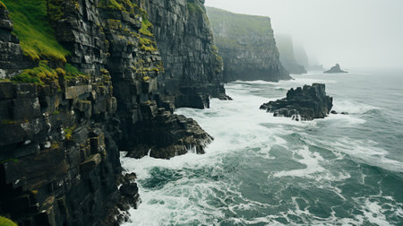 This photograph captures the awe-inspiring beauty of dramatic cliffs along the coast. The majestic cliffs rise to towering heights, showcasing their sheer grandeur and commanding presence.の素材
