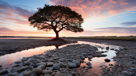 the captivating beauty of lone tree silhouettes set against a colorful sky during the magical moments of sunrise or sunset. aims to evoke a deep sense of drama, solitude, and connection with natureの素材