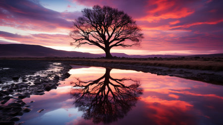 the captivating beauty of lone tree silhouettes set against a colorful sky during the magical moments of sunrise or sunset. aims to evoke a deep sense of drama, solitude, and connection with natureの素材