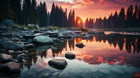 serene lakes, ponds, or other reflective surfaces and capture the breathtaking reflection of the sky during sunrise or sunset. By leveraging the mirror-like quality of the water, create a surrealの素材