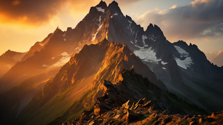 Immerse yourself in the captivating "Mountaintop Magic" as you venture to high-altitude locations and capture the breathtaking panoramic views of mountain ranges during sunrise or sunset.の素材