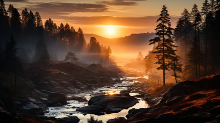the enchanting interplay between the soft, diffused light of a sunrise or sunset and the ethereal mist that envelops the landscape. The mystical fog creates an atmosphere of intrigue and mysteryの素材