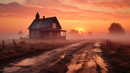 the enchanting interplay between the soft, diffused light of a sunrise or sunset and the ethereal mist that envelops the landscape. The mystical fog creates an atmosphere of intrigue and mysteryの素材