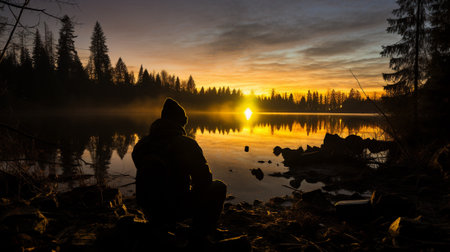 This photograph captures a serene and tranquil scene as various objects and elements are transformed into captivating silhouettes against the backdrop of a vibrant, colorful sunrise or sunset sky.の素材