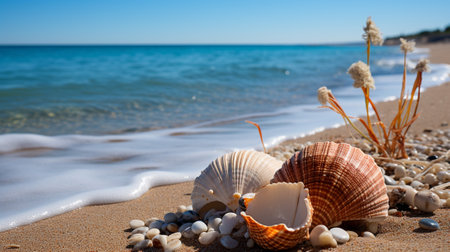 Shoreline Symphony captures the captivating textures found along the shore, revealing the intricate details of weathered rocks, delicate seashells, and mesmerizing patterns in the sand.の素材