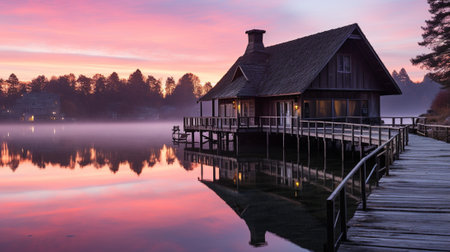 This photograph captures a serene and tranquil scene as various objects and elements are transformed into captivating silhouettes against the backdrop of a vibrant, colorful sunrise or sunset sky.の素材