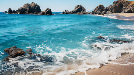 Immerse yourself in the soothing embrace of coastal tranquility. the peaceful and serene aspects of coastal landscapes, where calm waters gently caress the shore, delicate waves dance upon the sandの素材