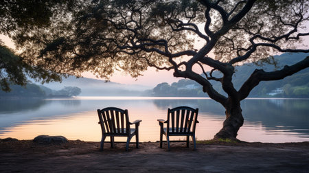 This photograph captures a serene and tranquil scene as various objects and elements are transformed into captivating silhouettes against the backdrop of a vibrant, colorful sunrise or sunset sky.の素材