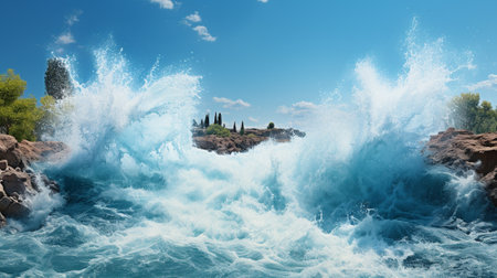"Tidal Fury" depicts the awe-inspiring display of nature's raw power as colossal waves relentlessly crash against rugged cliffs. the exhilarating energy and force of the ocean, showcasing the dynamicの素材