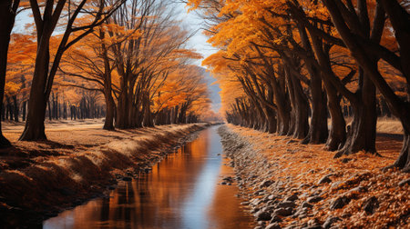 The fiery reds, oranges, and yellows of the changing leaves create a visual feast for the eyes, while the crispness in the air adds to the overall sensory experience.の素材