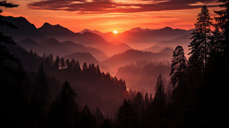 beauty of a vibrant sunset, a warm golden glow over the landscape. Silhouettes of trees, mountains, and other elements stand tall against the colorful sky, creating a dramatic and enchanting scene.の素材