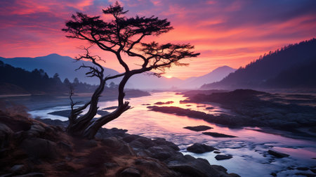 beauty of a vibrant sunset, a warm golden glow over the landscape. Silhouettes of trees, mountains, and other elements stand tall against the colorful sky, creating a dramatic and enchanting scene.の素材