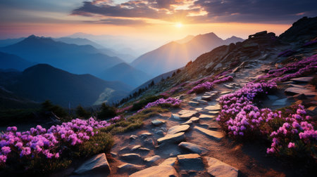 Captures the vibrant and energetic atmosphere of a summer landscape. Bathed in warm sunlight, the image showcases a stunning array of colors, from lush green foliage to blooming flowers.の素材
