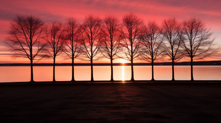 beauty of a vibrant sunset, a warm golden glow over the landscape. Silhouettes of trees, mountains, and other elements stand tall against the colorful sky, creating a dramatic and enchanting scene.の素材