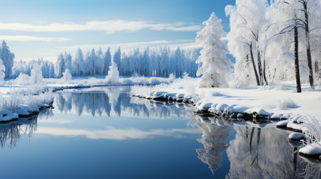 The scene showcases snow-covered trees standing tall, frozen lakes reflecting the soft light, and a blanket of quiet stillness that encompasses the entire area.の素材