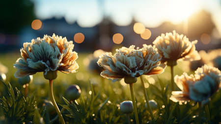 Captures the vibrant and energetic atmosphere of a summer landscape. Bathed in warm sunlight, the image showcases a stunning array of colors, from lush green foliage to blooming flowers.の素材